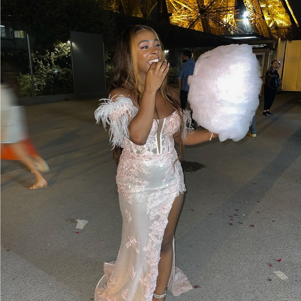 Sherri Hill Pink and White Feathered Dress